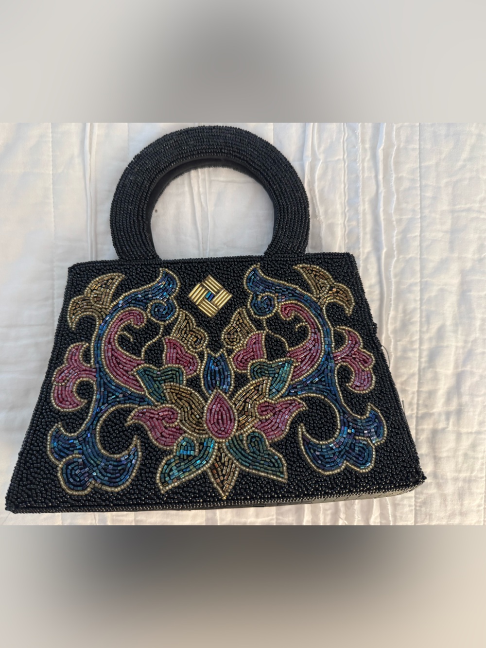 Beaded Black Evening Bag with Multicolor Floral Embroidery